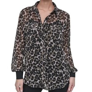 DKNY Chiffon Tunic Blouse Shirt Leopard Long SleevCollared Lightweight Womens XS